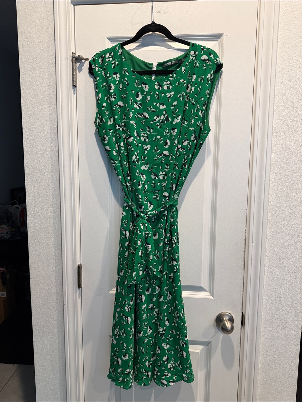 Lauren Ralph Lauren Green Floral Tie-Waist Midi Dress